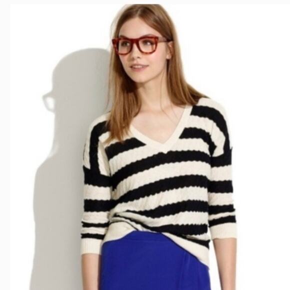 MADEWELL Striped White Black Knit V-Neck Sweater Womens XS Slouchy Oversized - Picture 1 of 6
